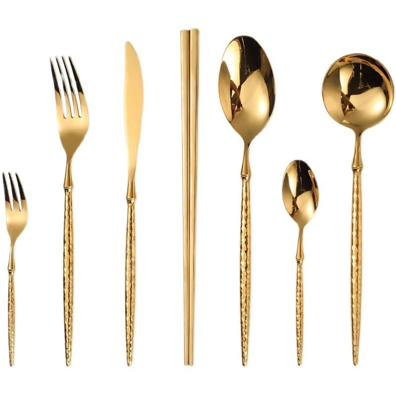 日式锤纹304不锈钢牛排刀叉勺筷套装家用金色西餐具甜品叉汤勺子