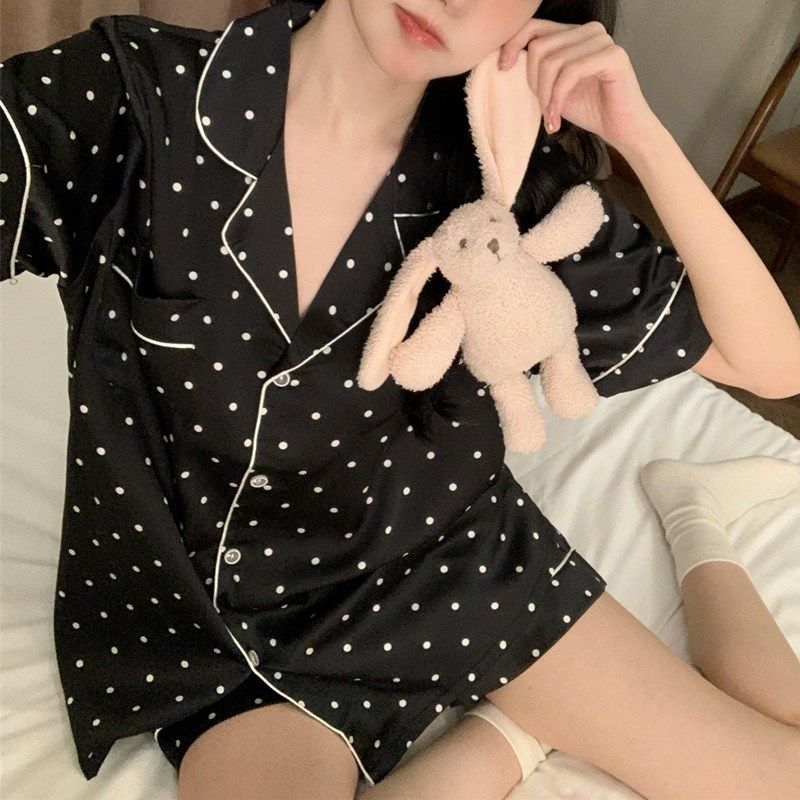 波点冰丝绸睡衣女款2024新款夏季短袖短裤简约真丝韩版家居服套装