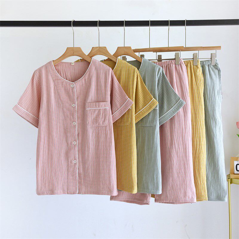 情侣睡衣夏季纯棉纱布短袖七分裤两件套装女O薄款网红风男士家居