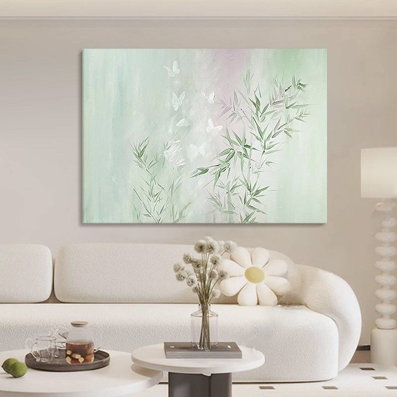 薄荷绿小清新竹子装饰画纯手绘油画奶油风客厅沙发背景墙壁画挂画,家居饰品,油画,淘宝优惠券,粉丝福利购,淘宝优惠卷