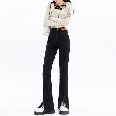 黑色开衩微喇紧身牛仔裤加薄绒喇叭裤女高腰显瘦小个子开叉裤子冬