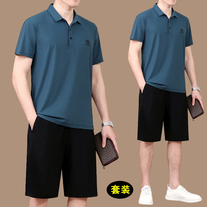 爸爸夏装套装冰丝运动父亲节衣服夏季中老年短袖男士休闲运动服装