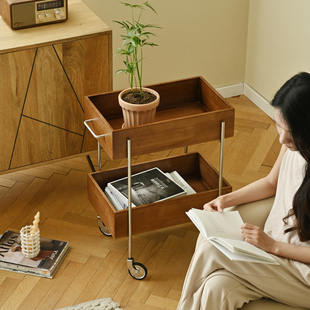 NASO那所 中古不锈钢小推车可移动双层置物架原木客厅沙发边几