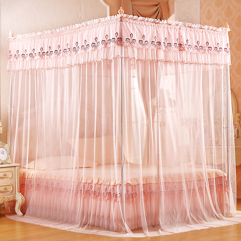 三开门方顶落地蚊帐加粗加厚不锈钢带支架公主风1.5米1.8m床纹帐