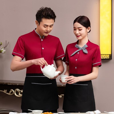 餐饮服务员工作服夏季短袖男女湘菜快餐厅火锅店前厅传菜员服装