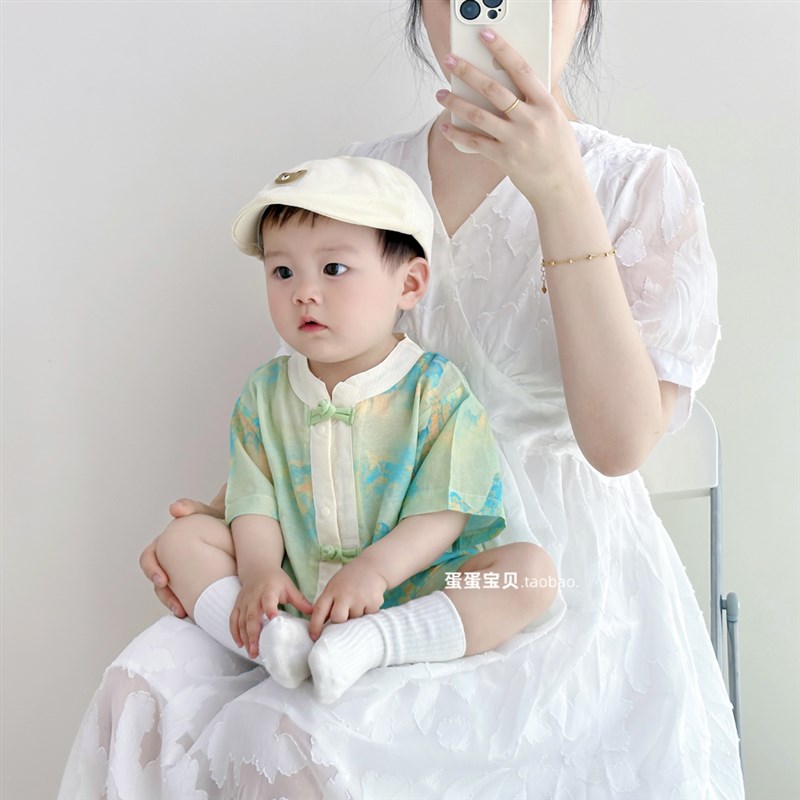 中式男宝宝夏装连体婴儿衣服满月百天一周岁礼服薄款短袖夏季夏天