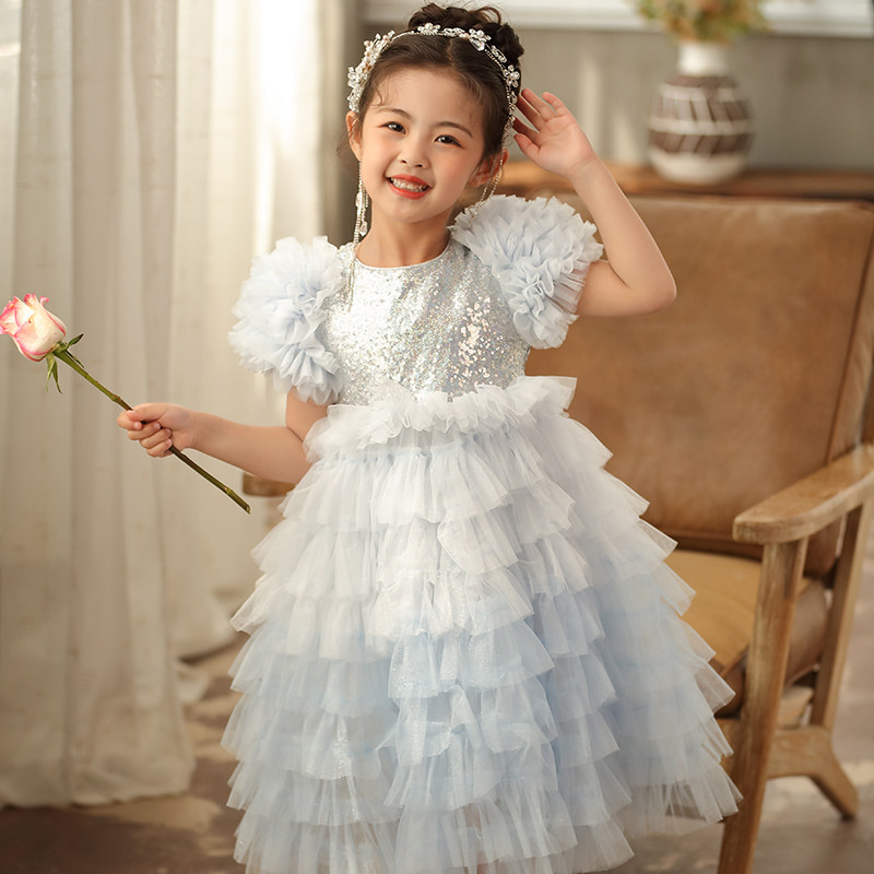 女童亮片蛋糕连衣裙夏季公主裙蓬蓬纱裙钢琴比赛中长款高定礼服裙