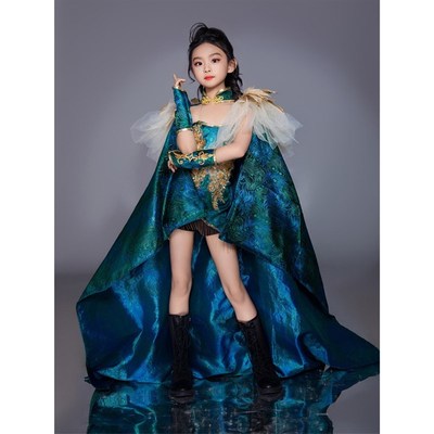 中国风披风孔雀绿蓝7女童走秀服装国潮新中式儿童T台模特赛服夸张