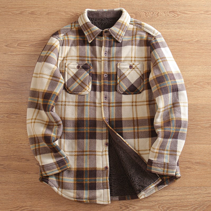 出口北美 冬季男士宽松加绒加厚防风保暖羊羔绒格子衬衫外套 大码