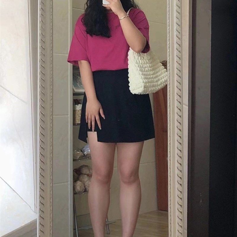 大码黑色开叉半身裙女夏防走光裙裤胖MM高腰遮胯显瘦A字包臀短裙