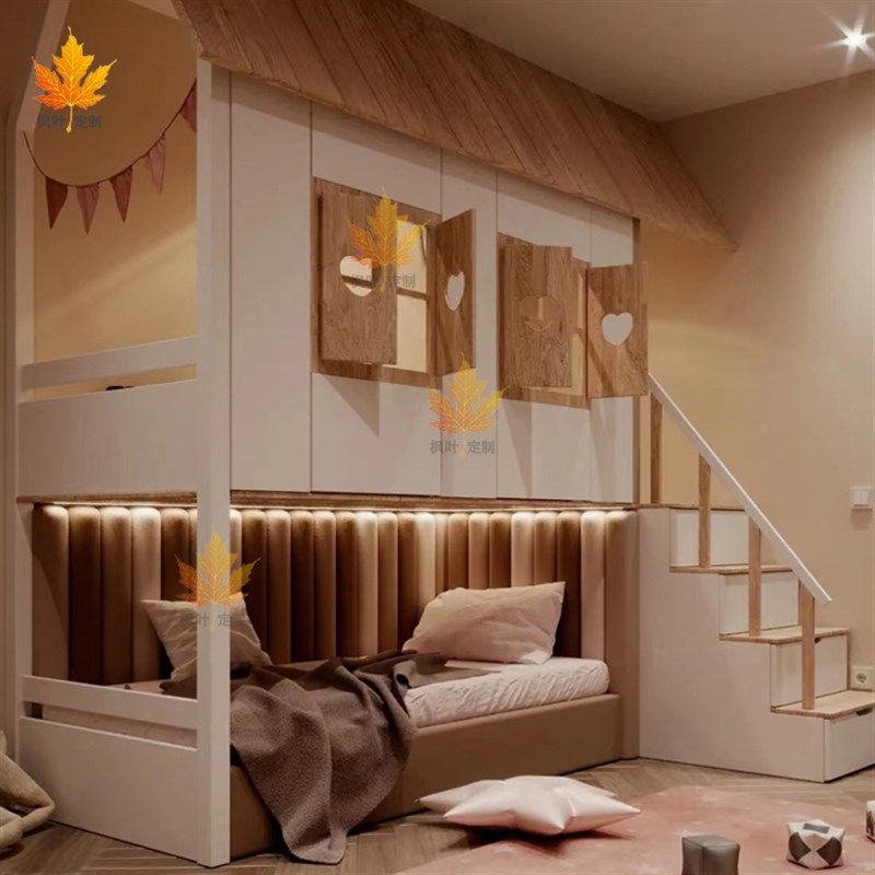 简约二胎上下床全实木二胎多功能树屋床双层公主城堡梯柜房子童床