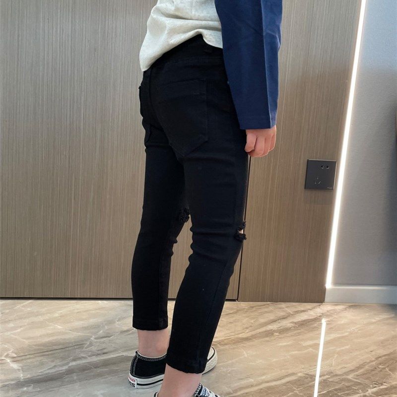 女童黑色破洞牛仔裤子小脚修身铅笔裤2023春季小中大宝宝儿童长裤