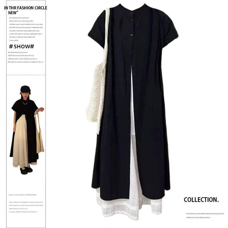 大码胖妹妹宽松百搭叠穿长款短袖上衣衬衫女夏季阔腿裤子两件套装