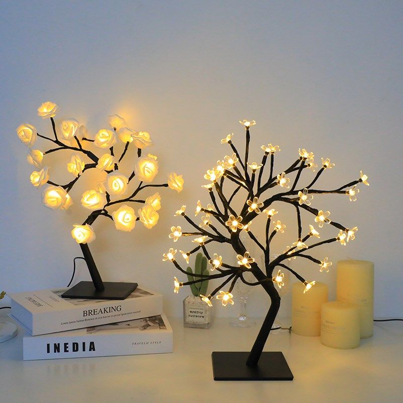 LED玫瑰花小夜灯卧室房间装饰彩灯闪灯串灯USB氛围灯台灯樱花灯树