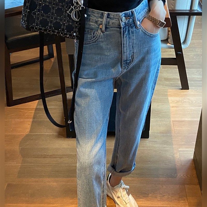 大码女装胖妹妹mm牛仔哈伦直筒秋季新款高腰宽松显瘦阔腿裤200斤