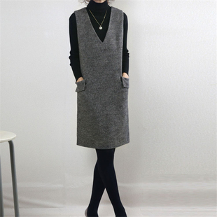 毛呢背心裙女V领气质修身显瘦中长款百搭法式无袖背带羊毛连衣裙