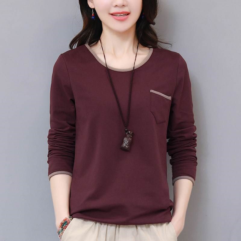 2024早春新款湖蓝色大码T恤女长袖打底衫妈妈装宽松圆领休闲上衣