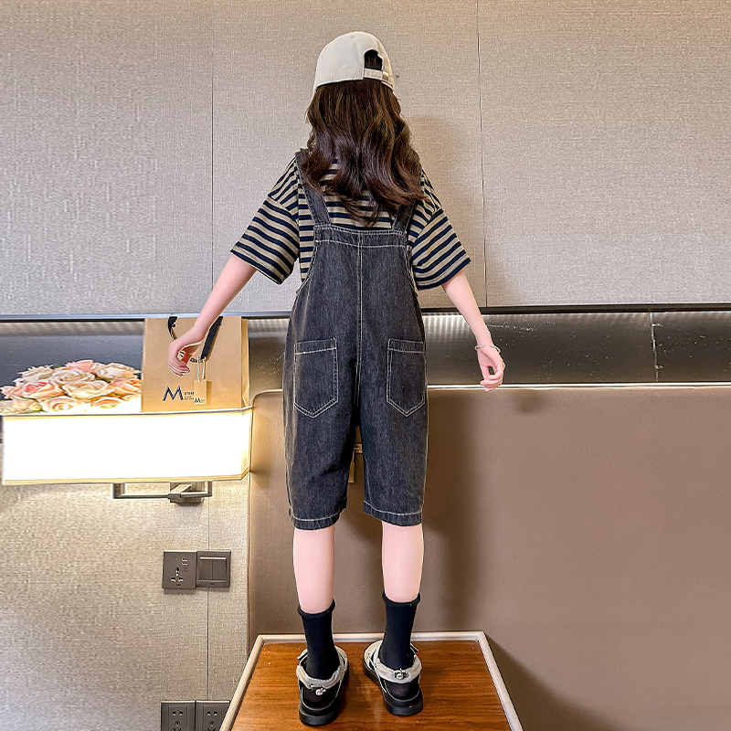 女童牛仔背带裤套装夏季薄款2023新款儿童大童条纹短袖宽松夏装潮