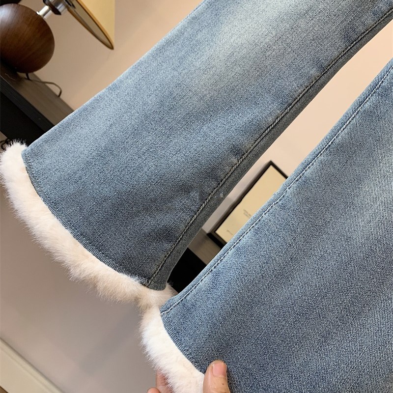 童装女童加绒牛仔裤冬季中大童百搭高腰浅蓝毛边一体绒水洗喇叭裤