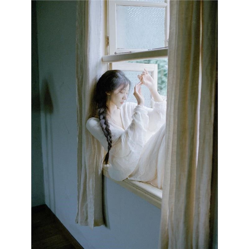 新中式复古简约高级感冷淡风连衣裙压皱V领长袖系收腰晨袍睡袍女