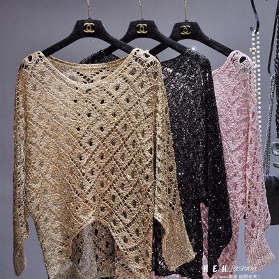 韩恩家 秋冬亮片镂空宽松金线亮丝罩衣蝙蝠长袖圆领套头针织