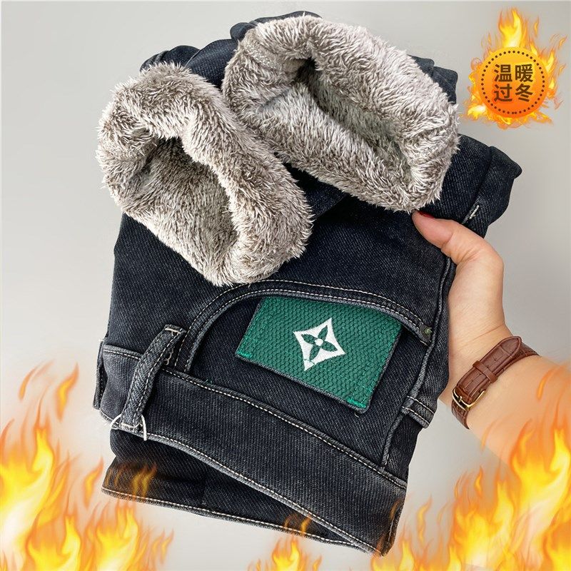 一体绒高端男士牛子裤加绒加厚保暖修身烟管裤冬季厚款休闲长裤子