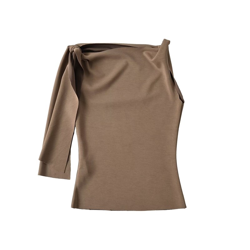 BM MICN不对称斜肩飘带修身显瘦T恤女夏季立体扭结一字领绑带上衣