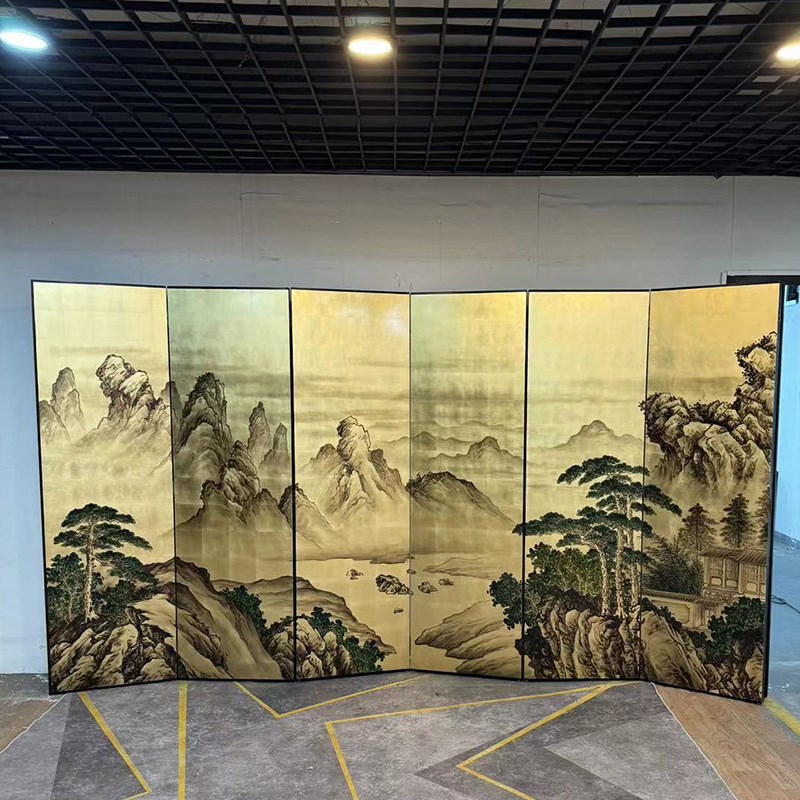 纯手绘金箔山水图定制漆画屏风可够动客厅背景室隔断屏风无须安装