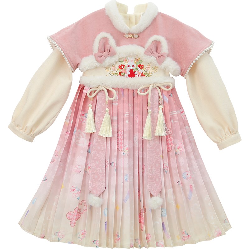 女童汉服冬装2024新款洋气儿童加绒连衣裙小女孩新中式唐装公主裙