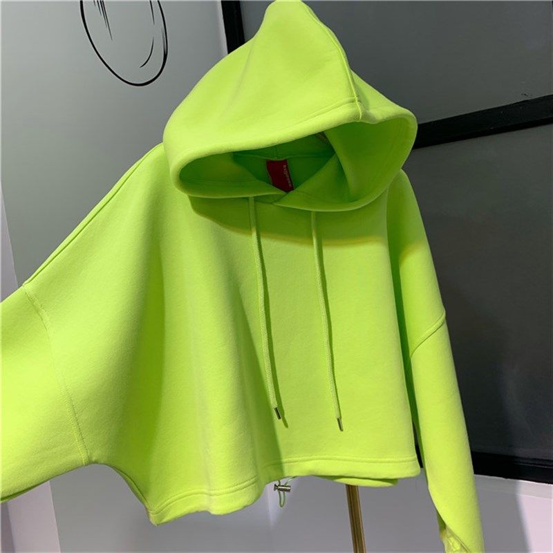 韩国2023新款春秋季小个子外套连帽短版卫衣女加绒萤光绿上衣小众