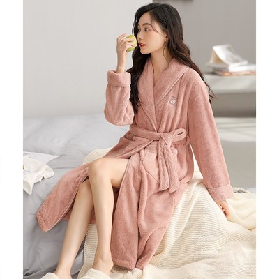睡袍女冬季珊瑚绒加厚加绒长款睡衣女款秋冬法兰绒浴袍冬款家居服