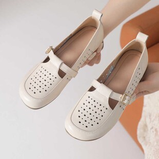 真皮软底妈妈鞋女夏季镂空凉鞋中低跟透气单鞋粗跟洞洞鞋大码皮鞋