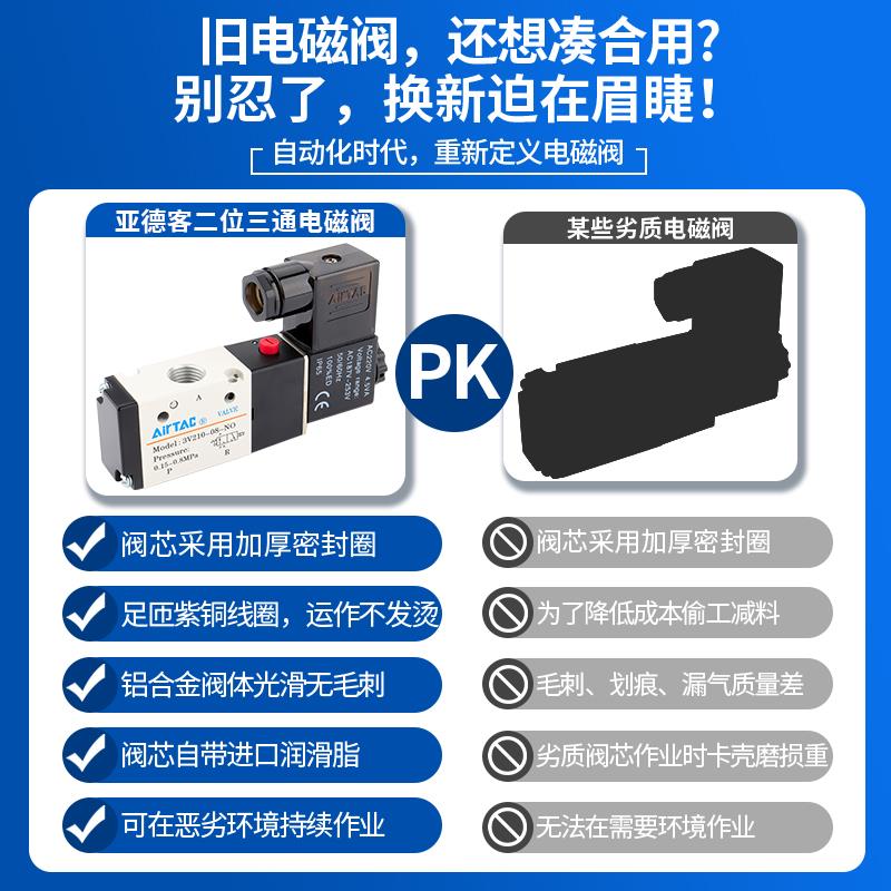 亚德客电磁阀3V210-08 3V310-10二位三通换向阀气阀24v控制阀220v