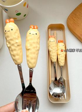 黄色小鸡筷子勺子套装不锈钢学生一人用儿童叉子餐具可携式收纳盒