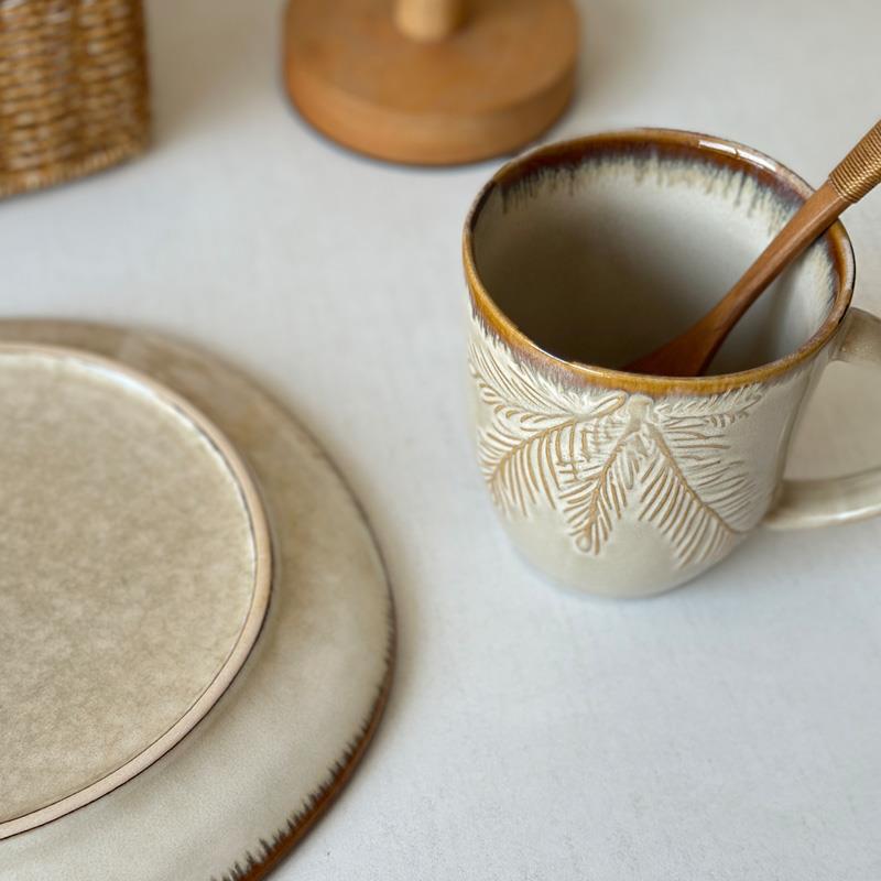 枫蒲家~日式复古 窑变浮雕树叶棕边高颜值陶瓷餐具杯碟套装微瑕