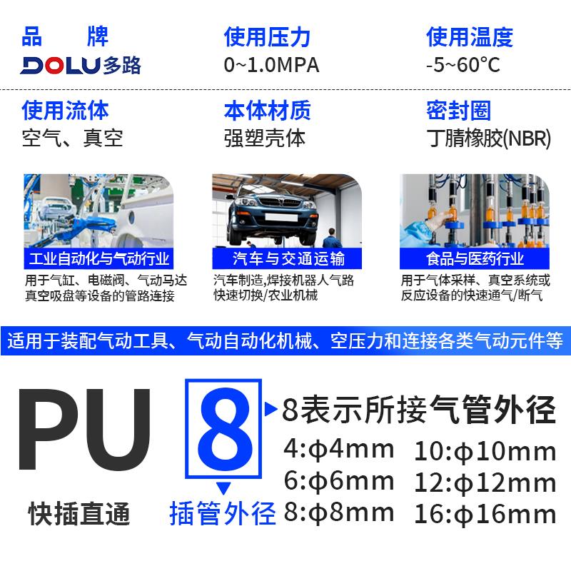 气动快速接头PU直通PG PEG PW变径PE PY三通气管快插4 6 8 10-8mm
