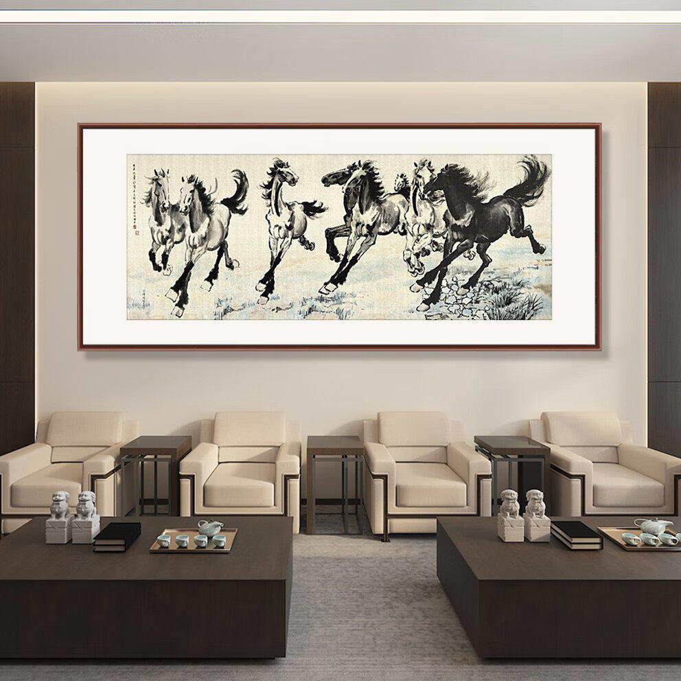 画典马到成功国画客厅装饰画办公室挂画书房茶室字画徐悲鸿八骏图