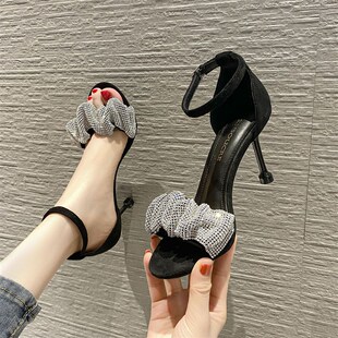 小码313233水钻一字带凉鞋女2023年夏季新款细跟高跟鞋大码41一43