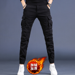 修身 男秋季 裤 2023年新款 秋冬加绒厚哈伦裤 束脚休闲裤 潮牌黑色工装