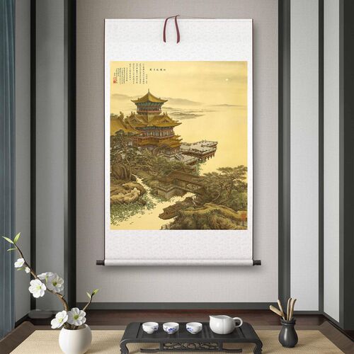 张孝友《江楼月夜图》客厅书房茶室装饰画挂画玄关水墨高清挂轴