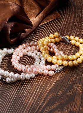 8mm圆形无暇强光珍珠项链 白色粉色蓝色珠珍手串饰品