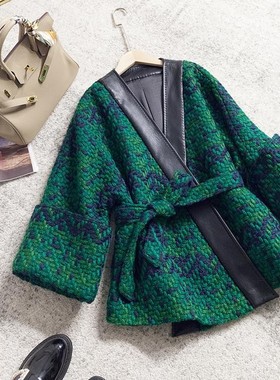 这才叫法式慵懒!掺色提花针织 秋冬围裹式宽松系带外套女[D7662]