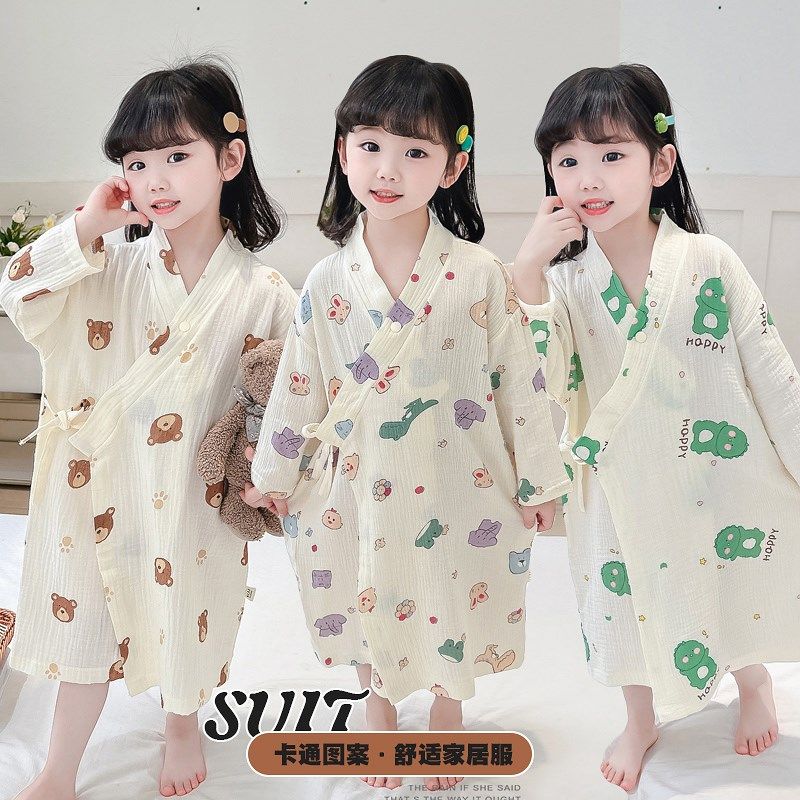 女童纱布睡衣夏季纯棉儿童卡通薄款长袖家居服睡袍宝宝连体浴巾夏