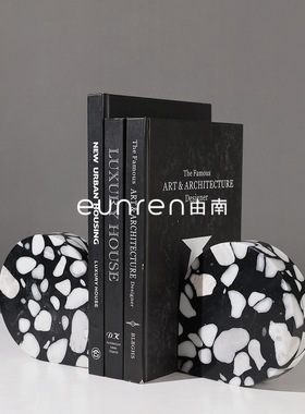 新中式简约黑白格水磨石书档摆件客厅电视柜室内书房摆设软装饰品