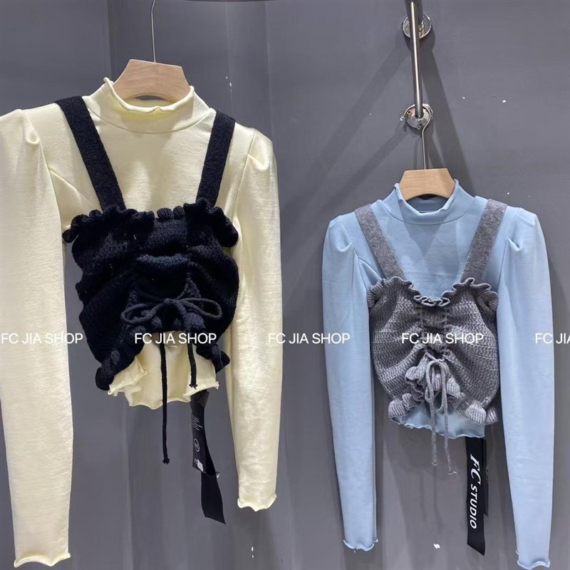 2024秋冬新款韩m系独特别致钩花吊带背心木耳边打底衫两件套上衣