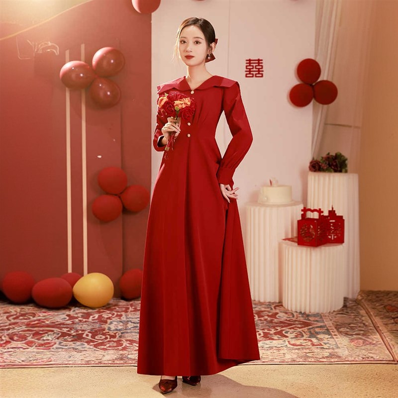 红色长袖连衣裙女法式订婚长袖礼服新娘敬酒服平时U可穿红裙子长