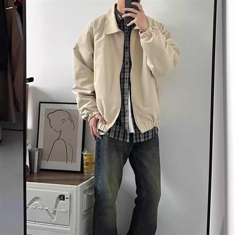 2025新款男装套装韩版复古夹克外套男士穿搭O一整套搭配浅色牛仔