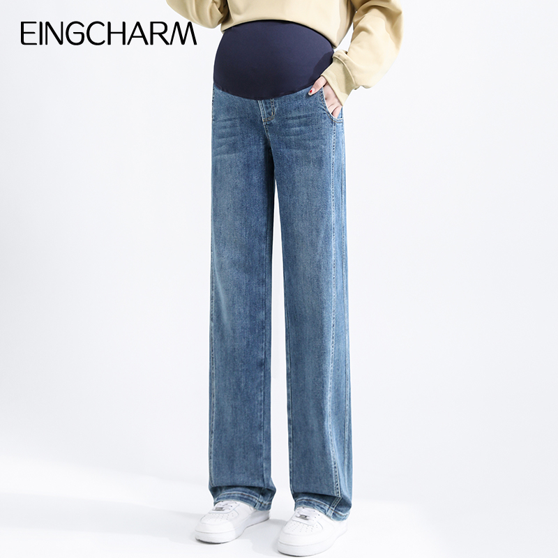 孕妇牛仔阔腿裤春季宽松大码外穿托腹加长版高个子拖地直筒裤春秋