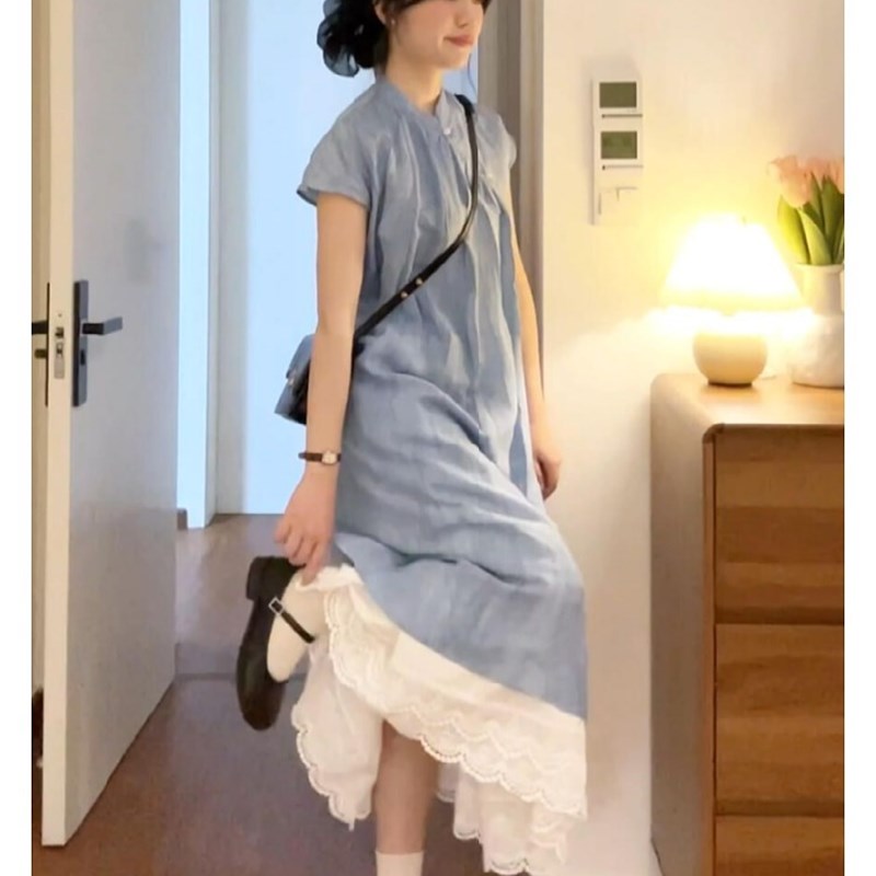 大码胖mm新中式国风蓝色连衣裙女夏季两件套N高级感旗袍长裙套装