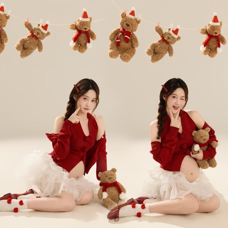 影楼新年红色孕妇拍照服装新款圣诞主题可爱慵懒风在家拍摄影衣服